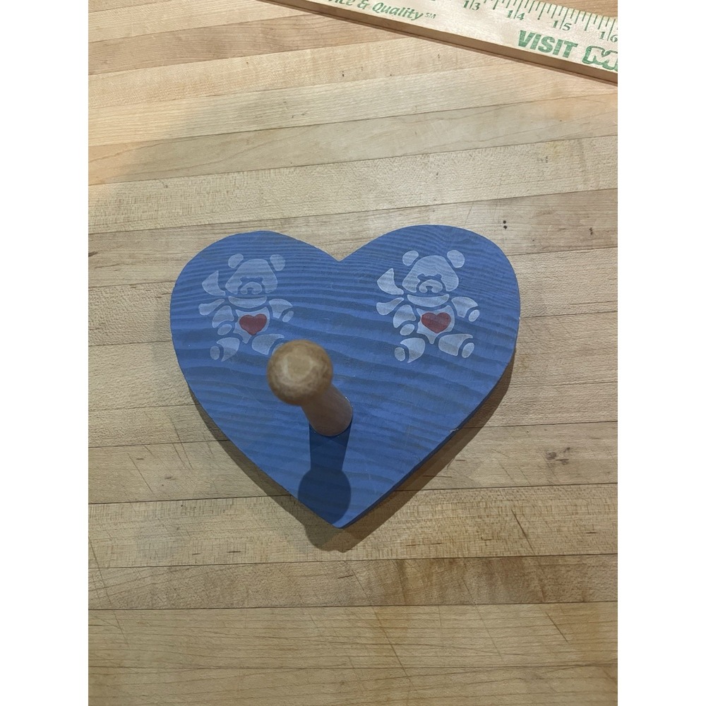 Bears Wooden Blue HEART PLAQUE Peg To Hang Clothes Towel Keys Leash Hat Wig Vtg